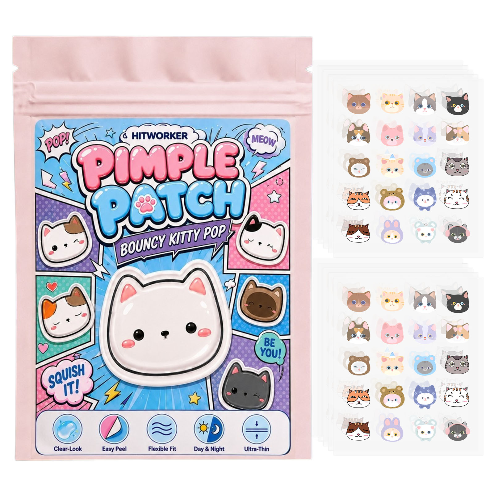 Hydrocolloid Pimple Patch - 100pcs Plester Jerawat Kucing Lucu, Stiker